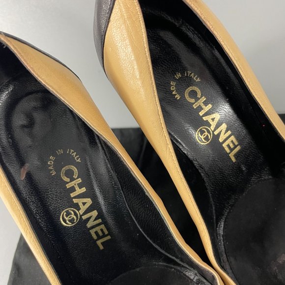 Authentic Chanel Tan and Black Cap-Toe Pumps,  Size 36 - Picture 12 of 12